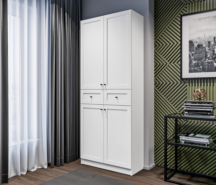 Прямые, Стеллаж Твин СБ-3373 Белый с глухими фасадами и ящиком