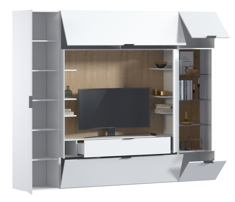Стенки для гостиной, Мальта СБ-3265 Стенка с пеналом и витриной Белый,Дуб Гамильтон/МДФ Белый