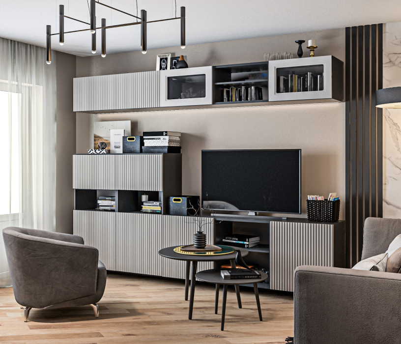 Стенки для гостиной, Гостиная (стенка) Тренд Диамант серый / МДФ Джаз светло-серый, МДФ Modern Светло-серый