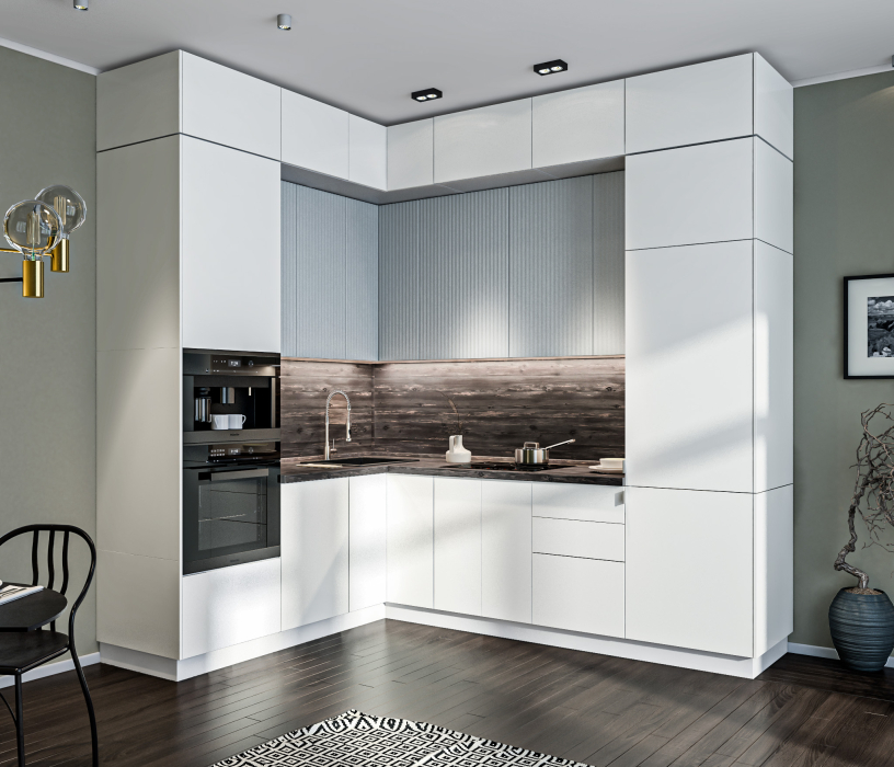 Кухонные гарнитуры, Кухонный гарнитур угловой Регина Белый / Белла Белый Альпийский/МДФ Джаз Светло-серый 2 м*2,6 м