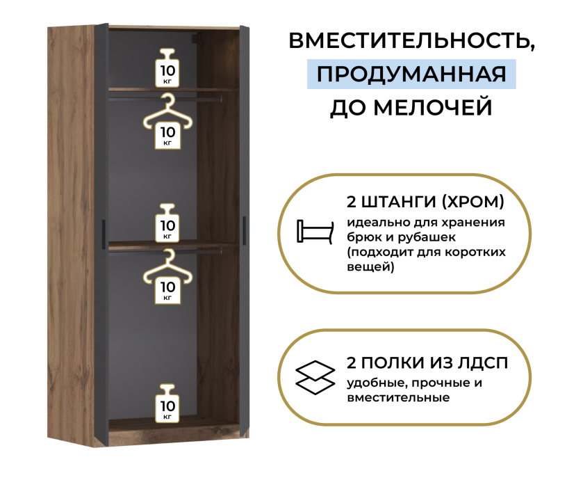 Для одежды, Шкаф двухдверный Макс 1000 мм, вариант №4 (ЛДСП, корпус дуб вотан)