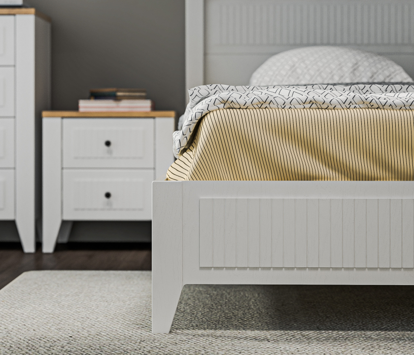 Спальные гарнитуры, Спальня Монтана с комодом Белый Альпийский,Дуб Гамильтон/МДФ Дуб Белый