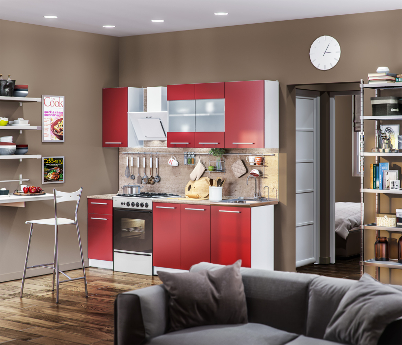 Кухонные гарнитуры, Кухонный гарнитур Элен 2,3 м (2,2 м) Белый/Бордо/Метрополитан R5 ПОД КЛЮЧ (полный комплект)