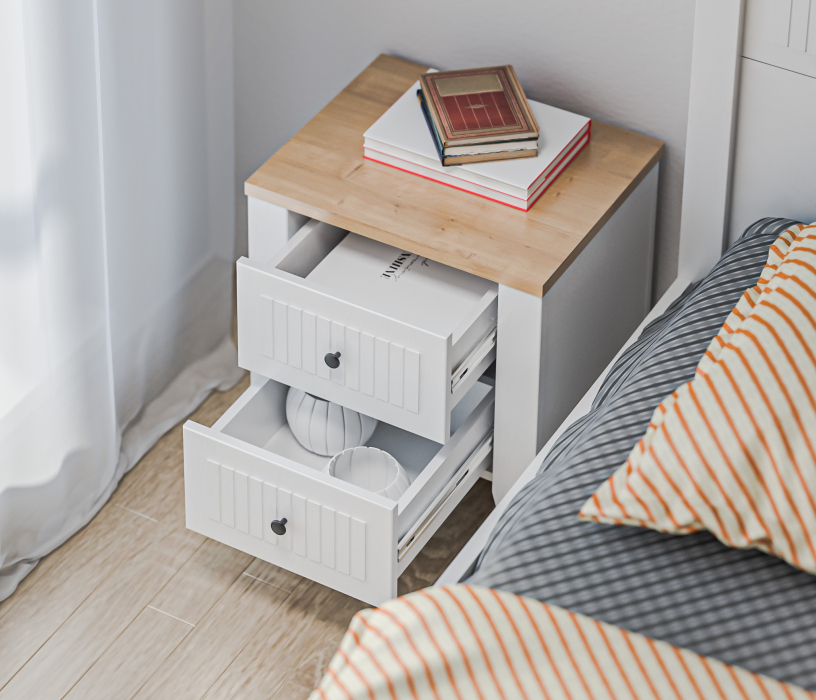 Спальные гарнитуры, Спальня Монтана с комодом Белый Альпийский,Дуб Гамильтон/МДФ Дуб Белый