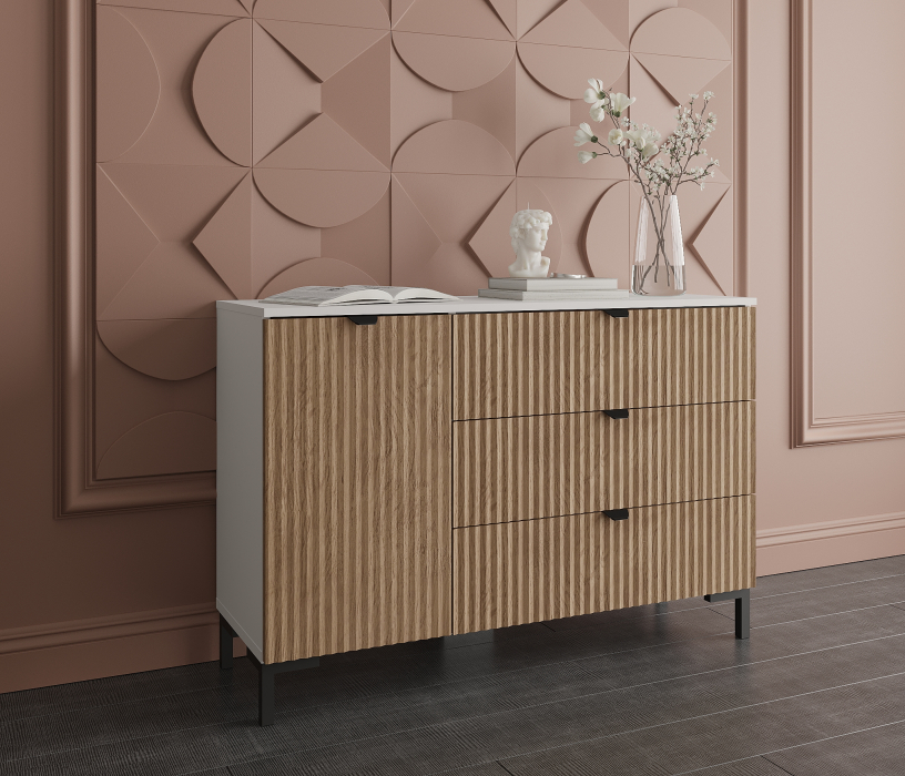 Комоды, Комод Тренд СБ-3446 3 ящика, 1 дверь Белый Альпийский/МДФ Джаз Акация светлая