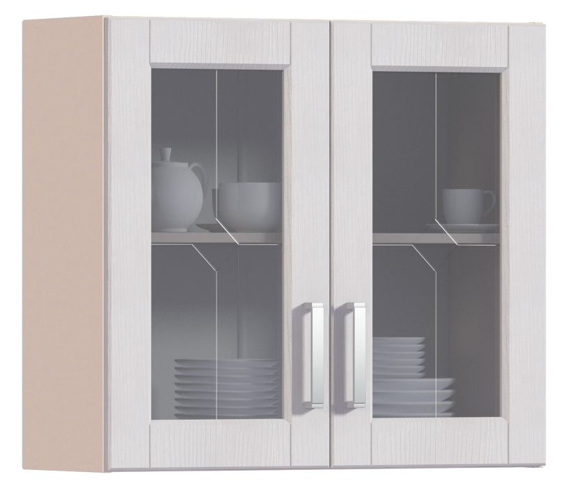 Навесные, Регина РП-80 Полка с двумя витринами Песочный/Риф белоснежный