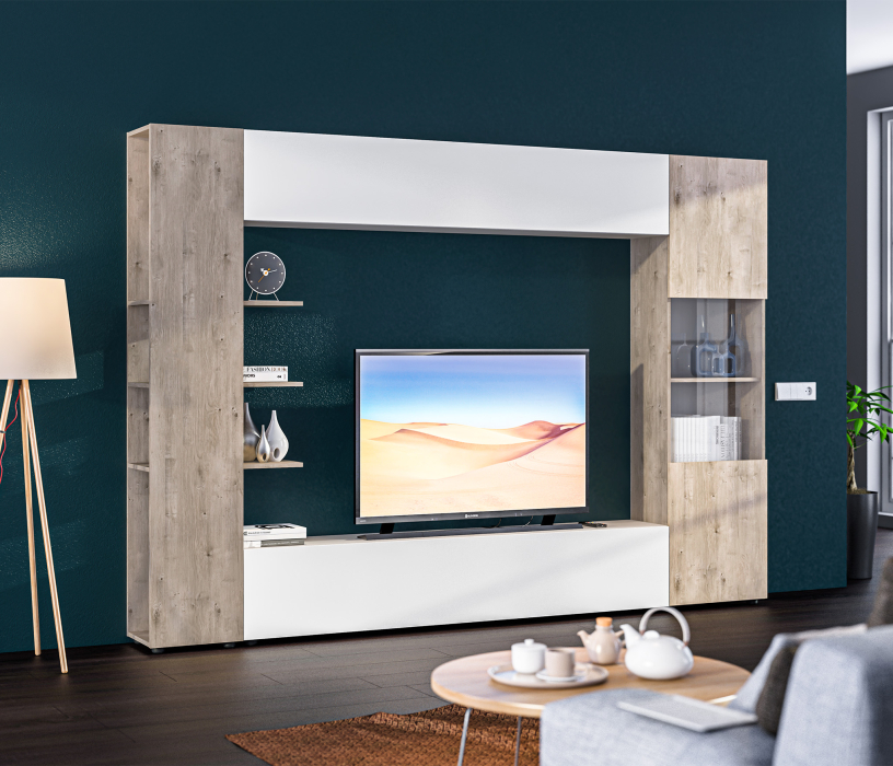 Стенки для гостиной, Стенка Виктория СБ-3246 Дуб Риббек,Белый